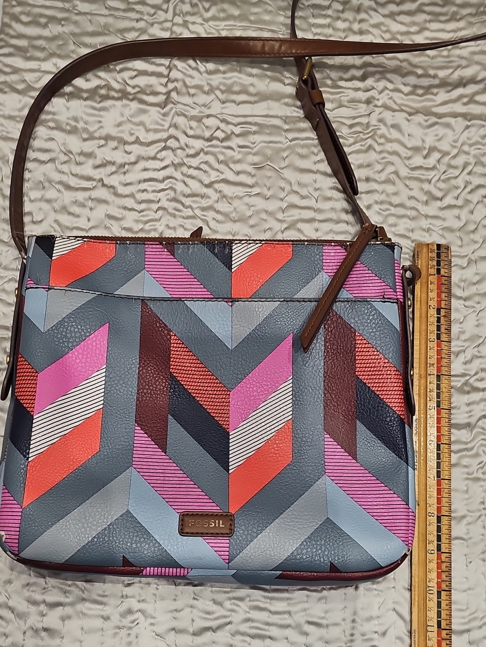 Fossil Multicolor Chevron Pattern Crossbody with Brown Strap